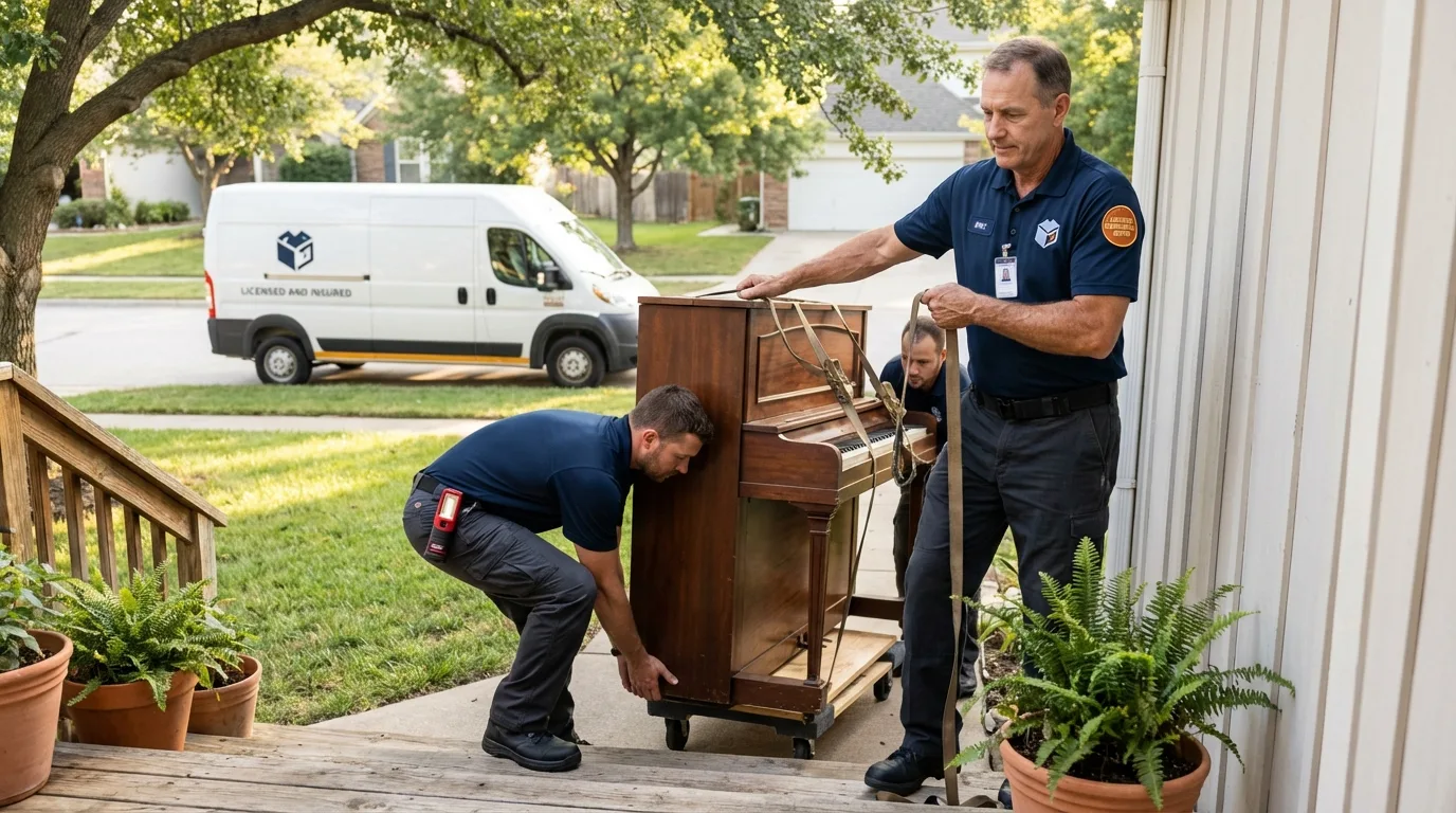 Licensed piano movers securing grand piano in Meadville, MS