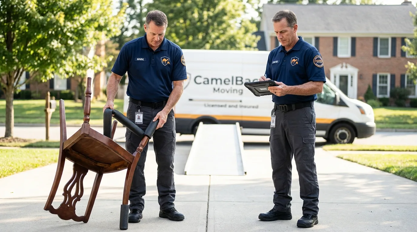 Movers inspecting furniture for damage prevention before loading in Meadville, MS